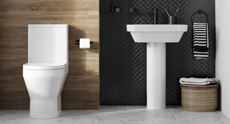 Affordable Bathroom | Enhance your modern bathroom design with Curve2 bathroom ceramics and wellness wood effect. 