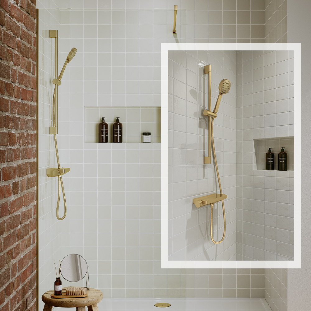 Love the look of gold bathroom accessories? Capture this modern bathroom idea on a budget with a Brushed Brass shower. Gold Bathroom Accessories | Inspire a small modern bathroom idea to envy with Brushed Brass bathroom accessories
