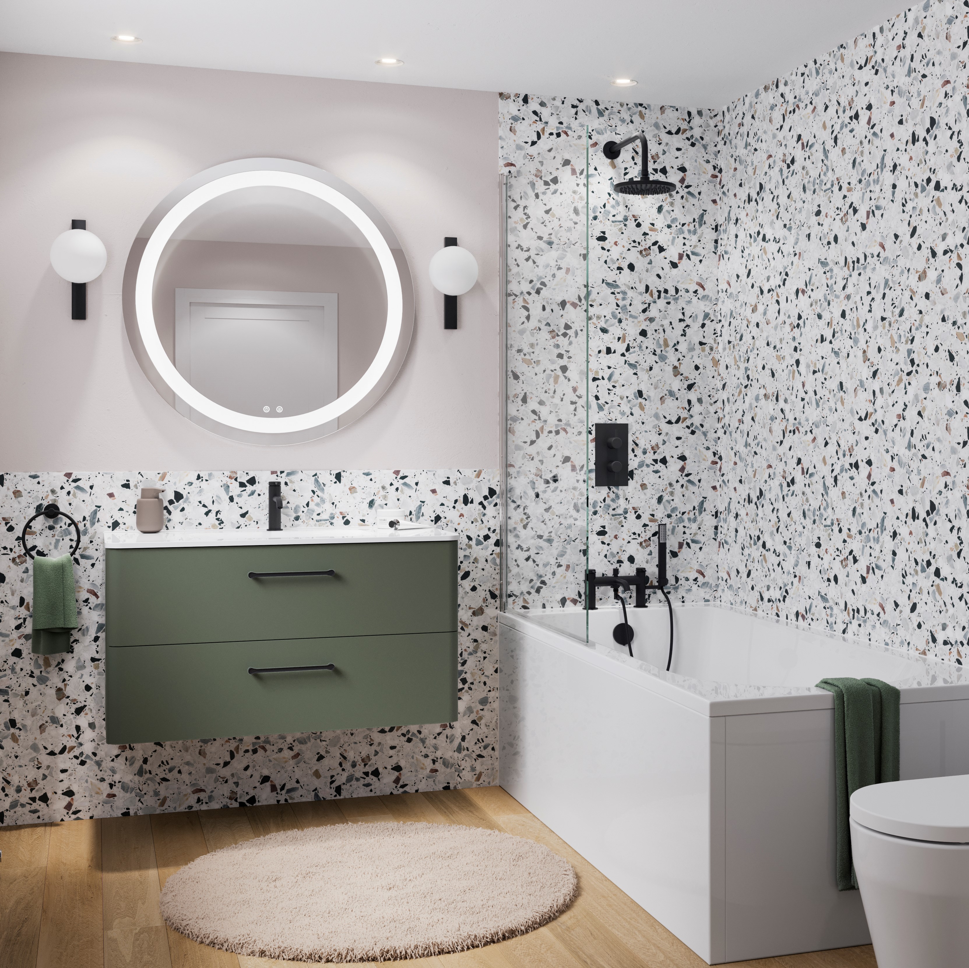 In this white and cream neutral bathroom design, the green two drawer unit brings the calming and inspiring essence of nature into the environment. Camberwell Unit with Basin in Earthy Green