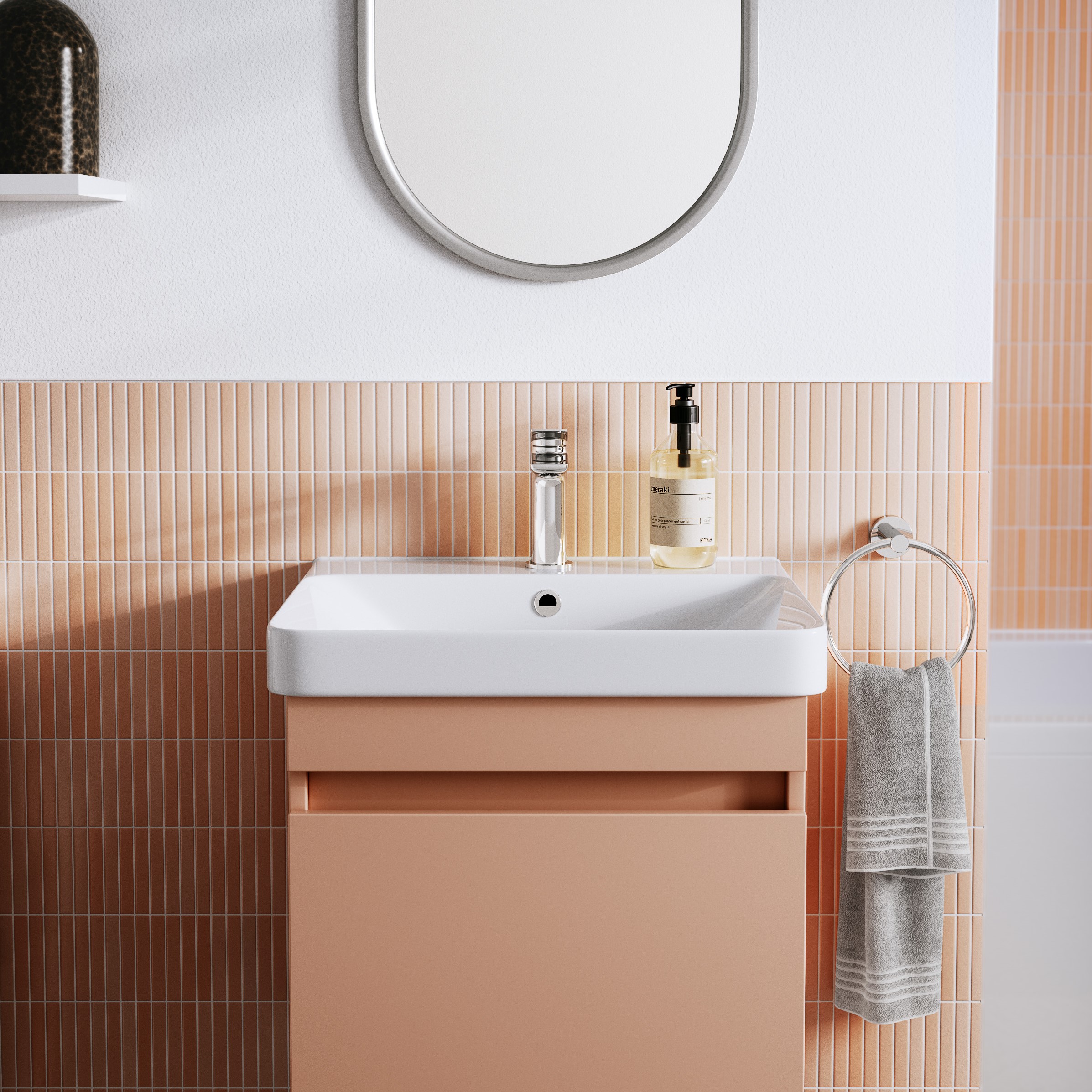 This bright and fun colourful bathroom design in salmon and white creates an exciting and energising aura to this space. Dalston Unit with Basin in Matt Pink