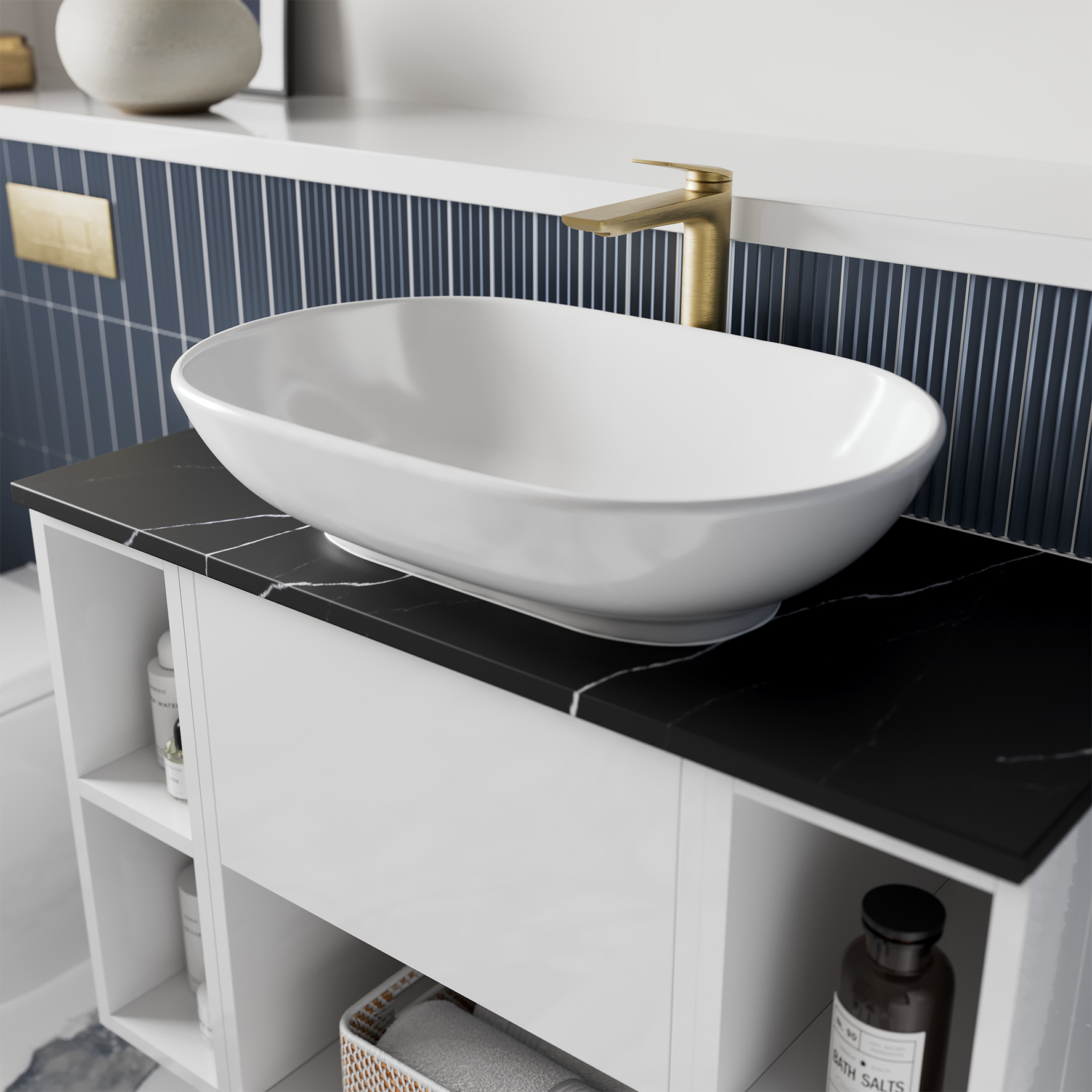 Get creative with your modern countertop basin design with a black marble worktop Make a statement with a modern countertop basin design.