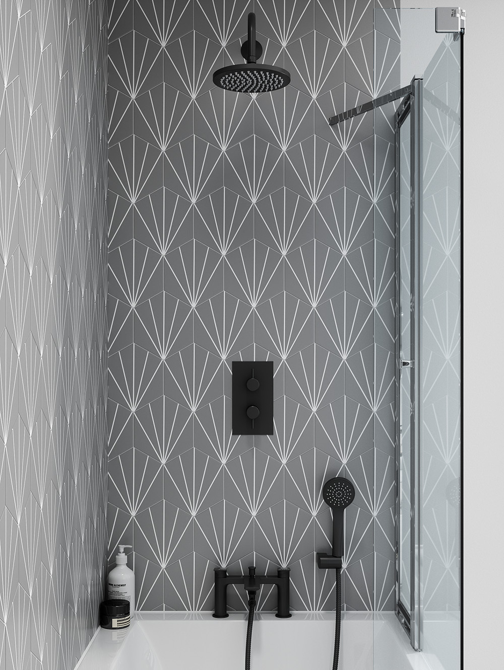 Hoxton Matt Black brassware in a monochrome bathroom design 