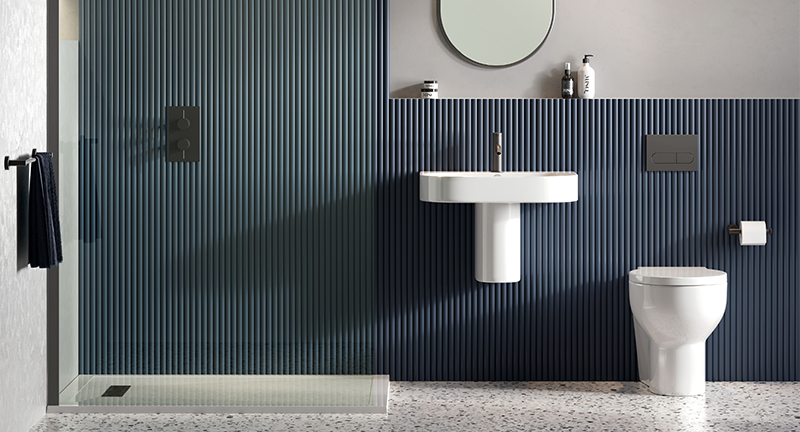 Affordable Bathroom |  For a dynamic, modern bathroom on a budget, introduce the Trim ceramics collection to your space. 